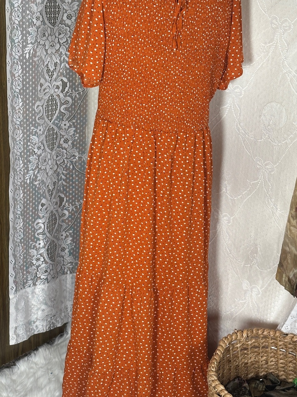 Rust Orange Polka Dot Maxi Dress with Smocked Bodice